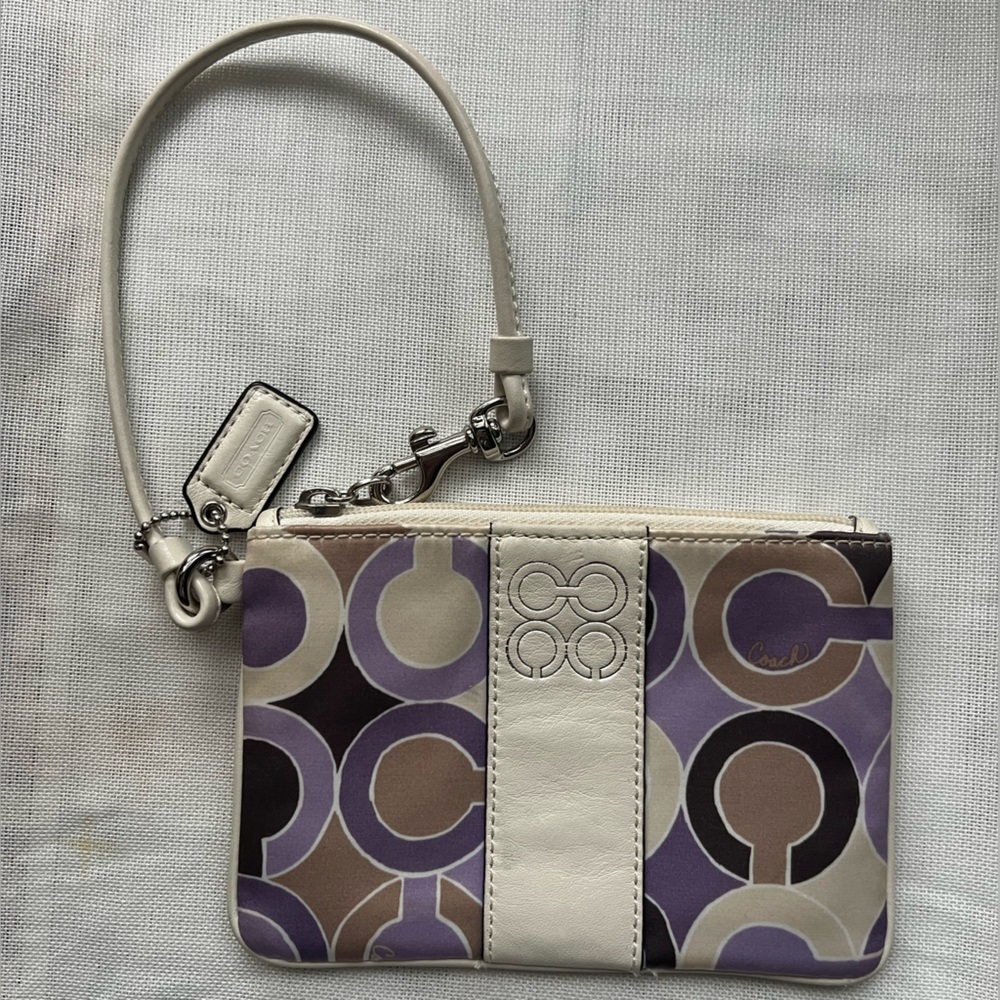 Coach Purple and Cream Leather and Silk Patterned Wristlet